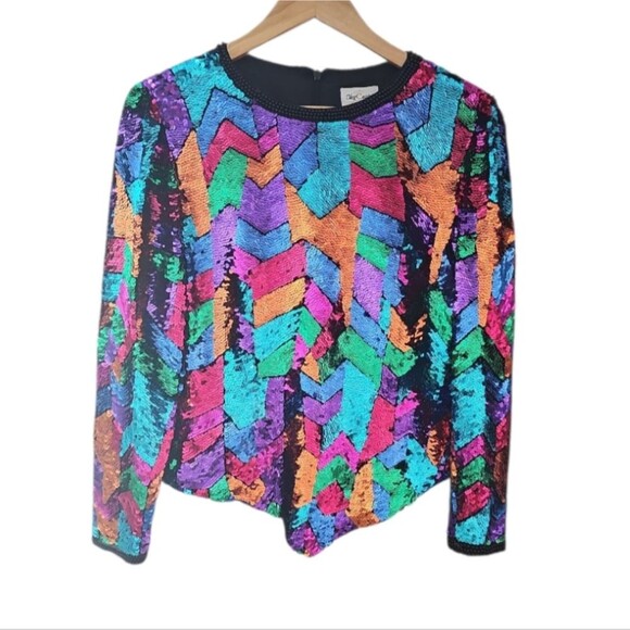 Vintage 80s Oleg Cassini Sequin Top 100% Silk & Rayon Sz 8 Statement Piece Artsy - Picture 2 of 16